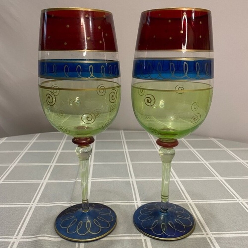 Pier 1 Festive Handpainted Crystal Wine Glass Water Goblet Stemware Blown Glass